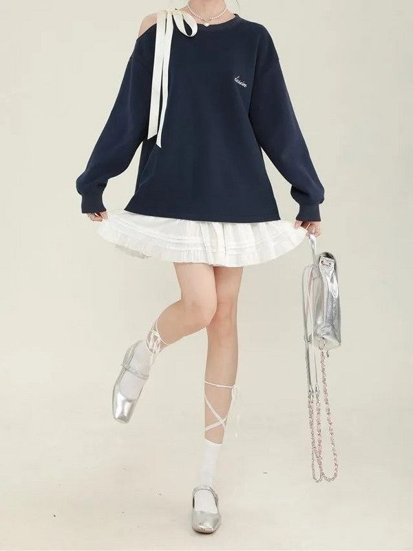 Deeptowm Kawaii Cute Off Shoulder Μπλε Φούτερ Γυναικείες Ιαπωνικού στυλ Δαντέλα με μακρυμάνικο πουλόβερ Γλυκές, φαρδιά μπλούζες