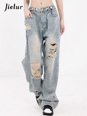 Jielur Holes Washed Gradient Γυναικεία τζιν Φαρδιά ίσια σε όλο το μήκος Κομψά κουμπιά Γυναικεία παντελόνια με φαρδύ πόδι Fashion Chic Streetwear