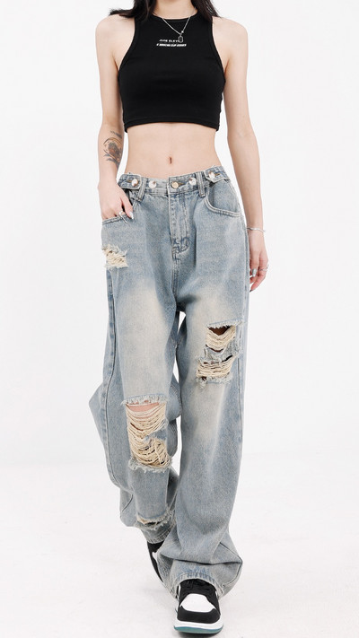Jielur Holes Washed Gradient Γυναικεία τζιν Φαρδιά ίσια σε όλο το μήκος Κομψά κουμπιά Γυναικεία παντελόνια με φαρδύ πόδι Fashion Chic Streetwear