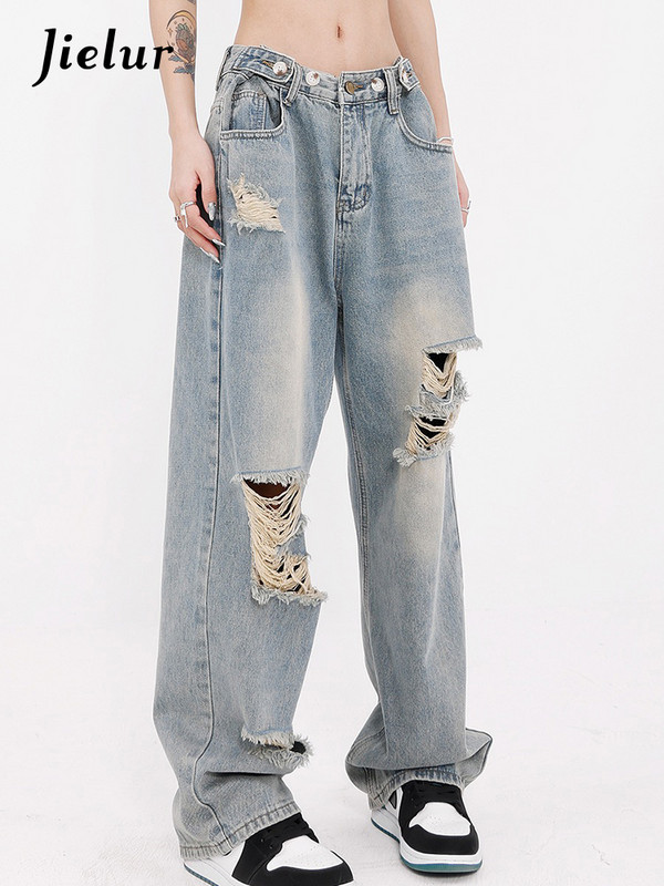 Jielur Holes Washed Gradient Γυναικεία τζιν Φαρδιά ίσια σε όλο το μήκος Κομψά κουμπιά Γυναικεία παντελόνια με φαρδύ πόδι Fashion Chic Streetwear