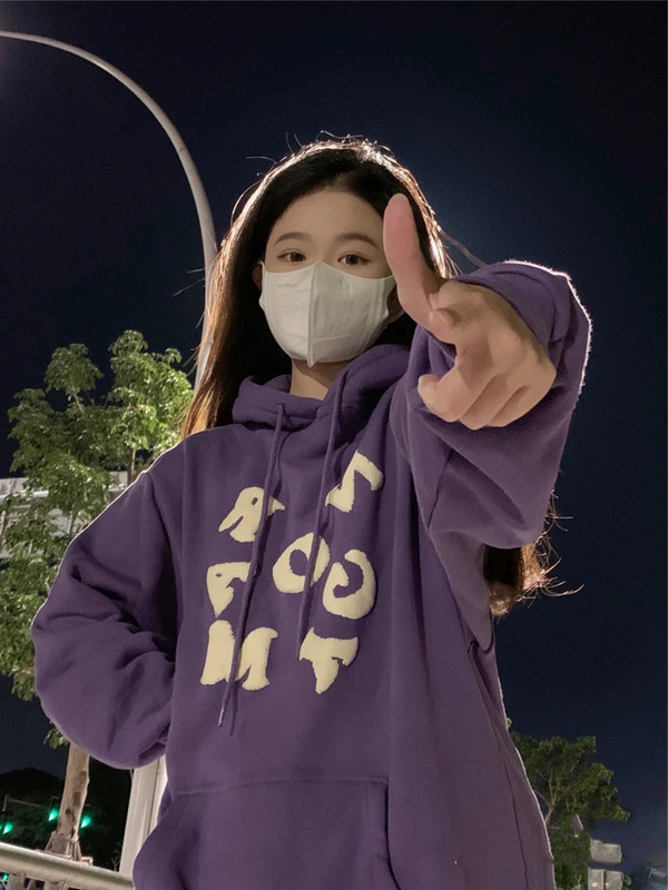 Γυναικείο φούτερ μωβ μακρυμάνικο φαρδύ με κουκούλα Άνοιξη φθινόπωρο Νέο αθλητικό κολεγιακό στυλ Γυναικεία λεπτές μπλούζες πουλόβερ