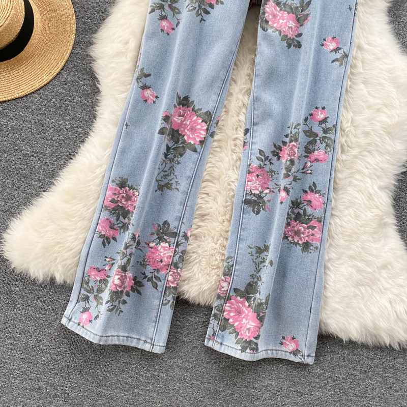 Γυναικεία Vintage Rose Print Τζιν Φαρδύ ίσιο τζιν παντελόνι μόδας Λεπτή μέση Τζιν παντελόνι Γυναικεία
