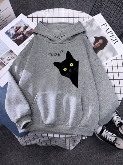 Hoody Big Black Cat Personality Print Hoodie Γυναικεία streetwear Ζεστά κουκούλα για κορίτσια Μόδα Χειμερινή γυναικεία φούτερ και κουκούλα