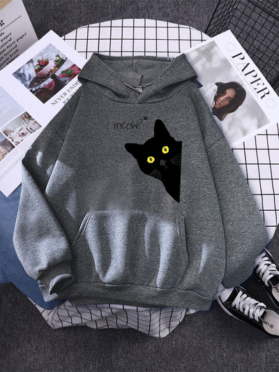 Hoody Big Black Cat Personality Print Hoodie Γυναικεία streetwear Ζεστά κουκούλα για κορίτσια Μόδα Χειμερινή γυναικεία φούτερ και κουκούλα
