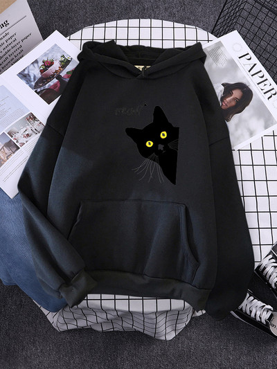 Hoody Big Black Cat Personality Print Hoodie Γυναικεία streetwear Ζεστά κουκούλα για κορίτσια Μόδα Χειμερινή γυναικεία φούτερ και κουκούλα