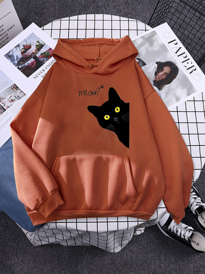Hoody Big Black Cat Personality Print Hoodie Γυναικεία streetwear Ζεστά κουκούλα για κορίτσια Μόδα Χειμερινή γυναικεία φούτερ και κουκούλα