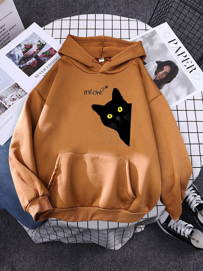 Hoody Big Black Cat Personality Print Hoodie Γυναικεία streetwear Ζεστά κουκούλα για κορίτσια Μόδα Χειμερινή γυναικεία φούτερ και κουκούλα