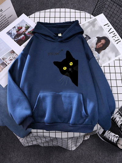 Hoody Big Black Cat Personality Print Hoodie Γυναικεία streetwear Ζεστά κουκούλα για κορίτσια Μόδα Χειμερινή γυναικεία φούτερ και κουκούλα