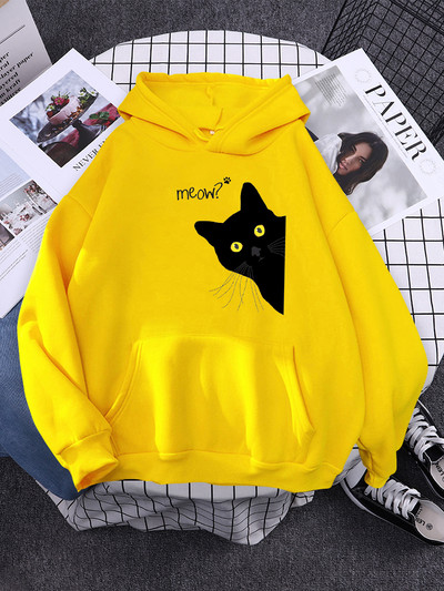 Hoody Big Black Cat Personality Print Hoodie Γυναικεία streetwear Ζεστά κουκούλα για κορίτσια Μόδα Χειμερινή γυναικεία φούτερ και κουκούλα