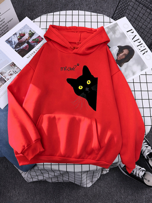 Hoody Big Black Cat Personality Print Hoodie Γυναικεία streetwear Ζεστά κουκούλα για κορίτσια Μόδα Χειμερινή γυναικεία φούτερ και κουκούλα