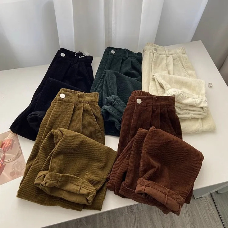 Pantaloni retro din velur cu talie înaltă, femei, primăvară, toamnă, drepti, casual, cu lungime întreagă, pantaloni largi, toate asortați, negri.