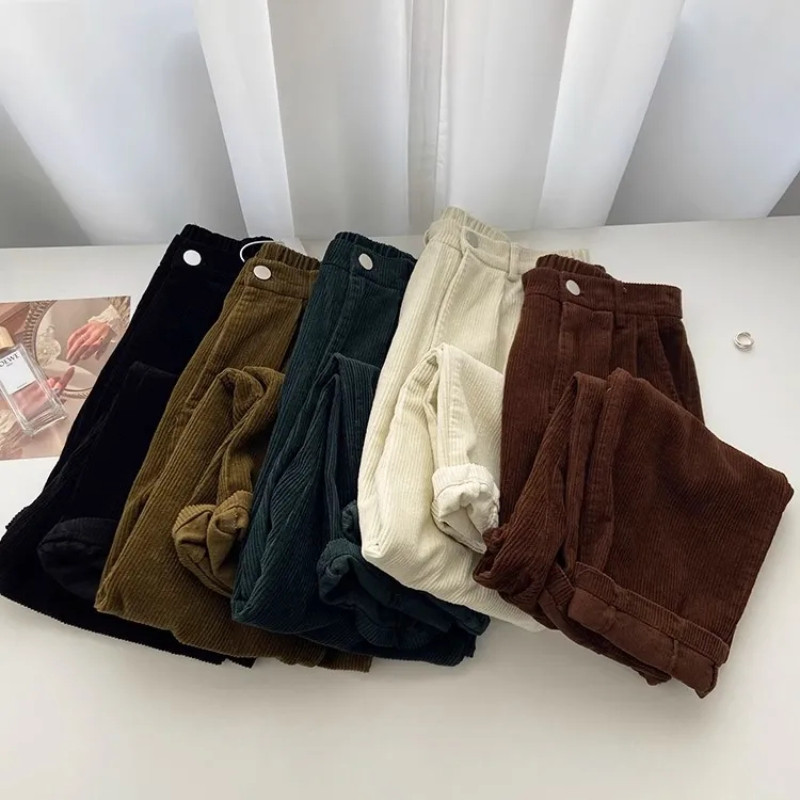 Pantaloni retro din velur cu talie înaltă, femei, primăvară, toamnă, drepti, casual, cu lungime întreagă, pantaloni largi, toate asortați, negri.