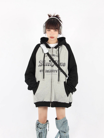 HOUZHOU Αμερικάνικο ρετρό συνονθύλευμα με φερμουάρ Γυναικεία κουκούλα Vintage Streetwear Επιστολή εκτύπωσης Υπερμεγέθη Φούτερ με κουκούλα Preppy Style