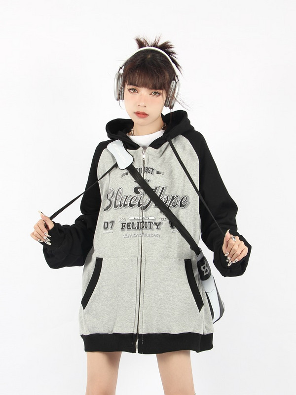 HOUZHOU Αμερικάνικο ρετρό συνονθύλευμα με φερμουάρ Γυναικεία κουκούλα Vintage Streetwear Επιστολή εκτύπωσης Υπερμεγέθη Φούτερ με κουκούλα Preppy Style