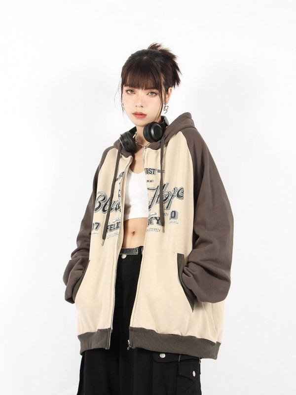 HOUZHOU Αμερικάνικο ρετρό συνονθύλευμα με φερμουάρ Γυναικεία κουκούλα Vintage Streetwear Επιστολή εκτύπωσης Υπερμεγέθη Φούτερ με κουκούλα Preppy Style