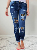 Γυναικείο Patchwork Destroyed Raw Heming Jeans Ripped Hole Boyfriend Denim Παντελόνι Leopard Patch Ψηλόμεσο Skinny τζιν με τσέπες