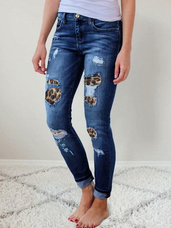 Γυναικείο Patchwork Destroyed Raw Heming Jeans Ripped Hole Boyfriend Denim Παντελόνι Leopard Patch Ψηλόμεσο Skinny τζιν με τσέπες