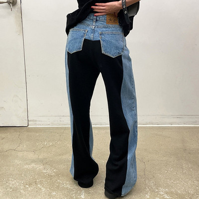 Κομίγιαμα Αντίθεσης Χρώμα με ματισμένη τρύπα τζιν με ψηλή μέση με φαρδύ πόδι Pantalones Mujer ίσιο τζιν παντελόνι Γυναικεία φθινοπωρινά ρούχα