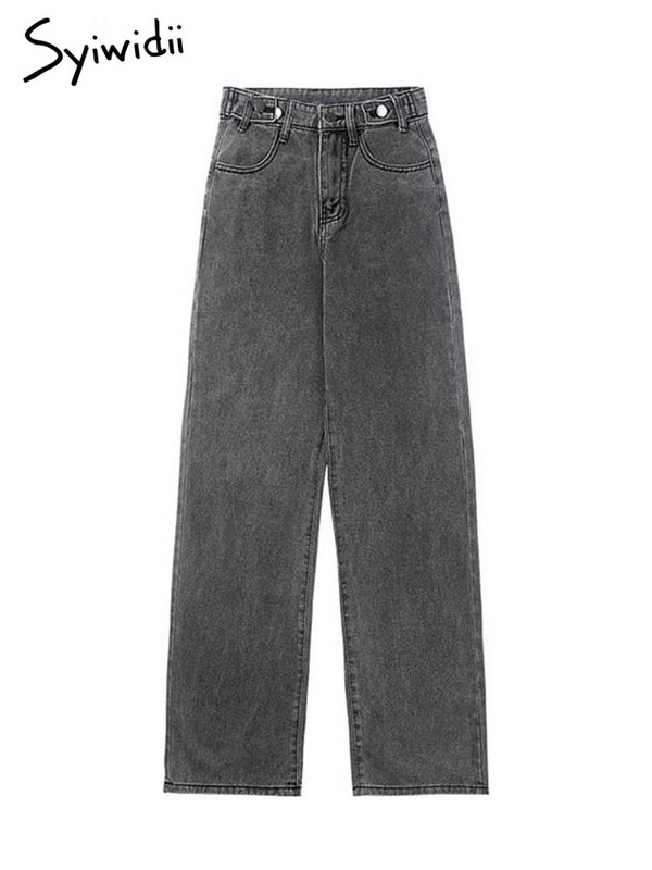 Syiwidii Traperice visokog struka za žene Traper Joggers Hlače Mom Hlače na vezanje na dugmad Pune dužine Ravne Moda 2022. Siva