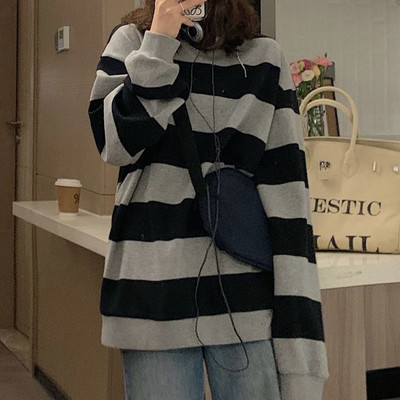 harajuku Φθινοπωρινό Κορεάτικο γυναικείο φούτερ Casual με λωρίδα με λαιμόκοψη λεπτή βαμβακερή κουκούλα μόδας γκρι μακρυμάνικο φούτερ Γυναικείο πουλόβερ