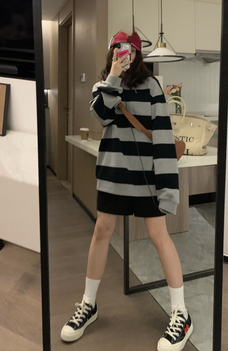 harajuku Φθινοπωρινό Κορεάτικο γυναικείο φούτερ Casual με λωρίδα με λαιμόκοψη λεπτή βαμβακερή κουκούλα μόδας γκρι μακρυμάνικο φούτερ Γυναικείο πουλόβερ