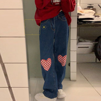 Ležerne ulične, vintage ljubavne karirane printove s visokim strukom, ravne isprane traperice, jesen, zima, slatke djevojačke traper hlače, ženska odjeća