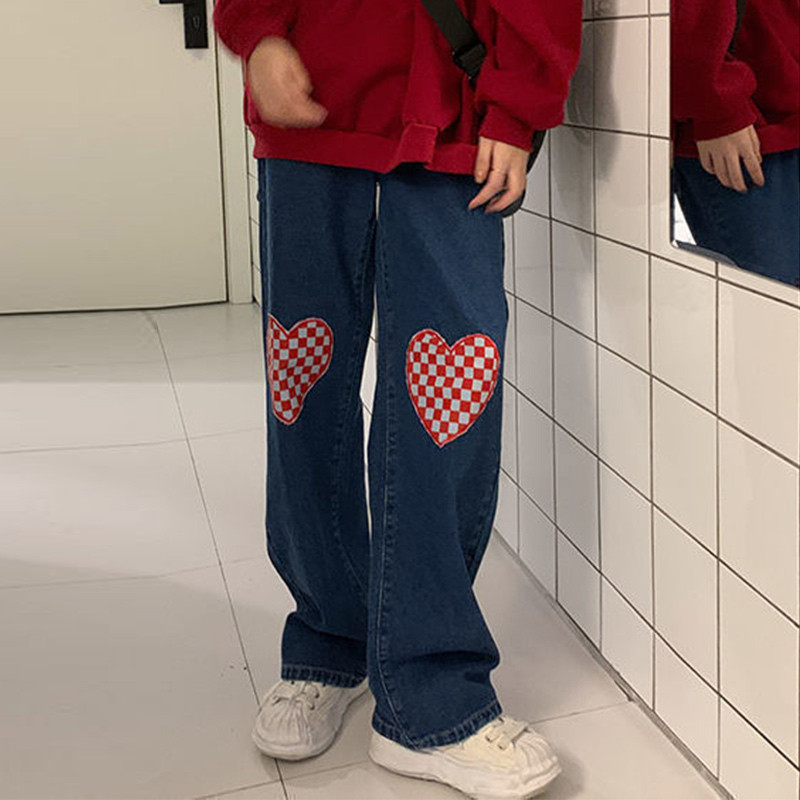 Ležerne ulične, vintage ljubavne karirane printove s visokim strukom, ravne isprane traperice, jesen, zima, slatke djevojačke traper hlače, ženska odjeća