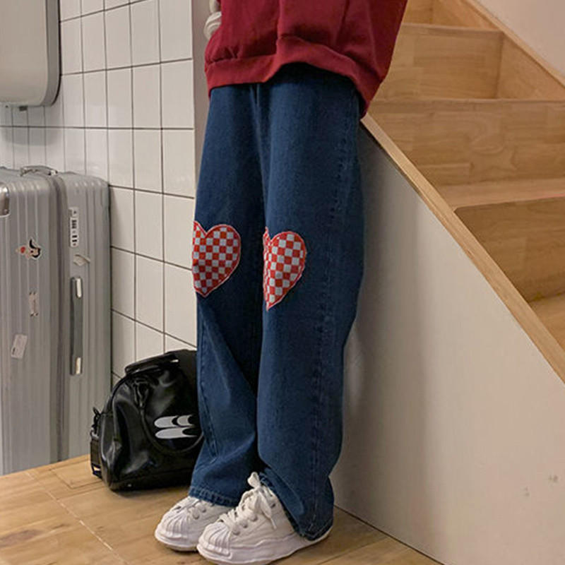 Ležerne ulične, vintage ljubavne karirane printove s visokim strukom, ravne isprane traperice, jesen, zima, slatke djevojačke traper hlače, ženska odjeća