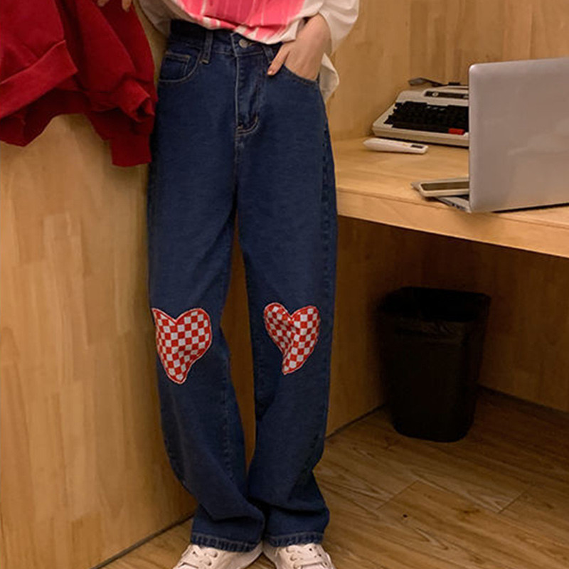 Ležerne ulične, vintage ljubavne karirane printove s visokim strukom, ravne isprane traperice, jesen, zima, slatke djevojačke traper hlače, ženska odjeća