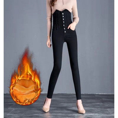 2023. Zimske debele i baršunaste ženske ležerne crno-plave uske traperice, modne tople traperice od flisa visokog struka, rastezljive Mom pencil traper hlače