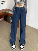 Μεγάλο μέγεθος μονόχρωμο Παντελόνι με φαρδύ πόδι Μεγάλη τσέπη Μόδα Γυναικεία κουμπιά Ψηλόμεσο Τζιν Τζιν Κορεάτικο σχέδιο Φαρδύ τζιν Streetwear