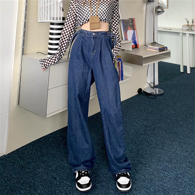Μεγάλο μέγεθος μονόχρωμο Παντελόνι με φαρδύ πόδι Μεγάλη τσέπη Μόδα Γυναικεία κουμπιά Ψηλόμεσο Τζιν Τζιν Κορεάτικο σχέδιο Φαρδύ τζιν Streetwear