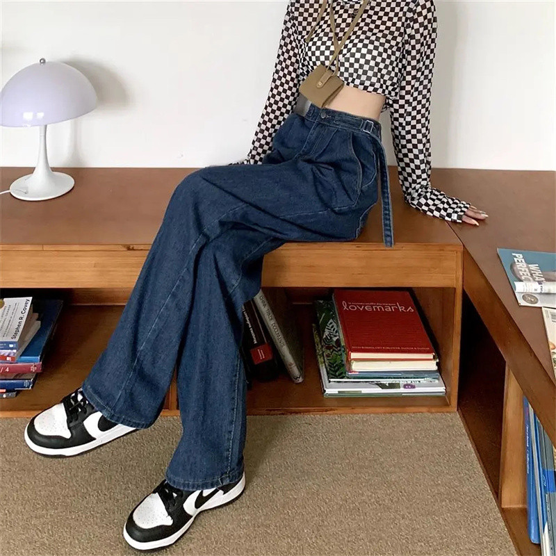 Μεγάλο μέγεθος μονόχρωμο Παντελόνι με φαρδύ πόδι Μεγάλη τσέπη Μόδα Γυναικεία κουμπιά Ψηλόμεσο Τζιν Τζιν Κορεάτικο σχέδιο Φαρδύ τζιν Streetwear