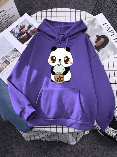 Hoody Little Panda Drinking Milk Tea Print Hoodie Streetwear Χαριτωμένα χειμωνιάτικα ρούχα Γυναικεία μεγάλα φαρδιά φούτερ Γυναικεία