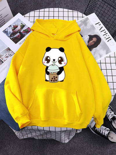 Hoody Little Panda Drinking Milk Tea Print Hoodie Streetwear Χαριτωμένα χειμωνιάτικα ρούχα Γυναικεία μεγάλα φαρδιά φούτερ Γυναικεία