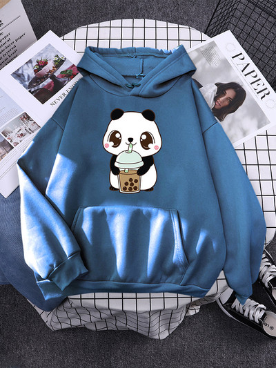 Hoody Little Panda Drinking Milk Tea Print Hoodie Streetwear Χαριτωμένα χειμωνιάτικα ρούχα Γυναικεία μεγάλα φαρδιά φούτερ Γυναικεία