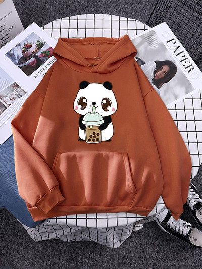 Hoody Little Panda Drinking Milk Tea Print Hoodie Streetwear Χαριτωμένα χειμωνιάτικα ρούχα Γυναικεία μεγάλα φαρδιά φούτερ Γυναικεία