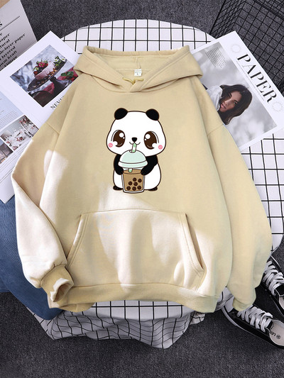 Hoody Little Panda Drinking Milk Tea Print Hoodie Streetwear Χαριτωμένα χειμωνιάτικα ρούχα Γυναικεία μεγάλα φαρδιά φούτερ Γυναικεία