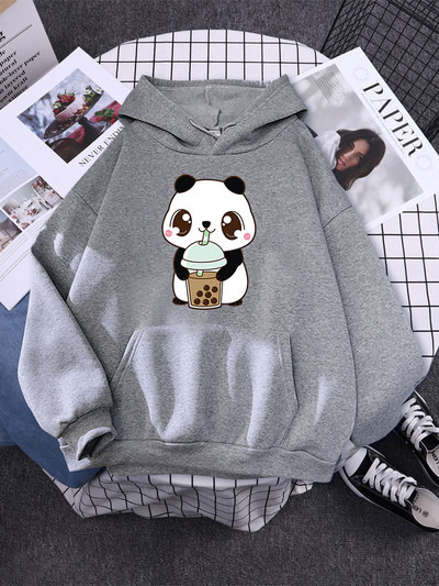 Hoody Little Panda Drinking Milk Tea Print Hoodie Streetwear Χαριτωμένα χειμωνιάτικα ρούχα Γυναικεία μεγάλα φαρδιά φούτερ Γυναικεία