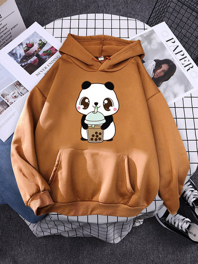 Hoody Little Panda Drinking Milk Tea Print Hoodie Streetwear Χαριτωμένα χειμωνιάτικα ρούχα Γυναικεία μεγάλα φαρδιά φούτερ Γυναικεία