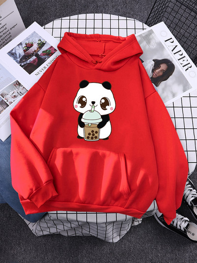 Hoody Little Panda Drinking Milk Tea Print Hoodie Streetwear Χαριτωμένα χειμωνιάτικα ρούχα Γυναικεία μεγάλα φαρδιά φούτερ Γυναικεία