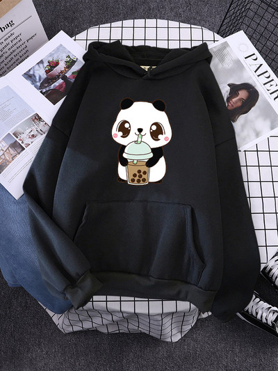 Hoody Little Panda Drinking Milk Tea Print Hoodie Streetwear Χαριτωμένα χειμωνιάτικα ρούχα Γυναικεία μεγάλα φαρδιά φούτερ Γυναικεία