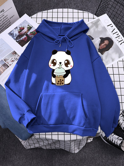 Hoody Little Panda Drinking Milk Tea Print Hoodie Streetwear Χαριτωμένα χειμωνιάτικα ρούχα Γυναικεία μεγάλα φαρδιά φούτερ Γυναικεία