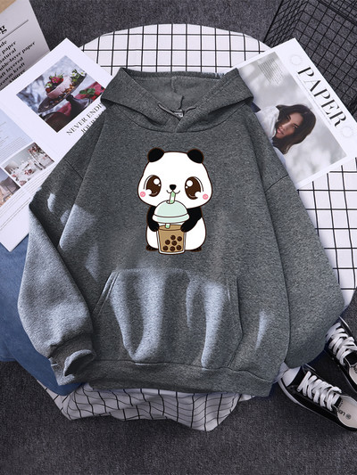 Hoody Little Panda Drinking Milk Tea Print Hoodie Streetwear Χαριτωμένα χειμωνιάτικα ρούχα Γυναικεία μεγάλα φαρδιά φούτερ Γυναικεία