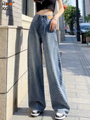 Streetwear Y2k Stripes Plus Size φαρδύ τζιν Κορεάτικη μόδα Γυναικεία διπλή πόρπη ψηλή μέση ίσια τζιν Casual παντελόνι παντός τύπου