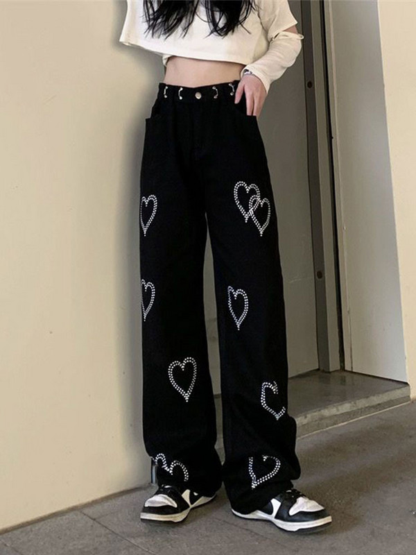 Ženske hlače s otisnutim ljubavnim trapericama, modne Harajuku široke ravne hlače s visokim strukom, 2023., ležerne ženske hip-hop hlače za proljeće