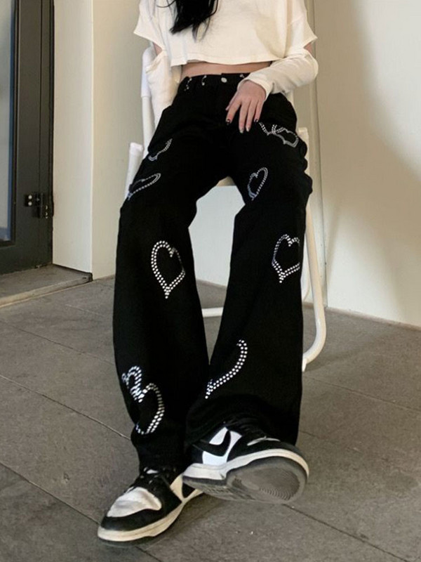 Ženske hlače s otisnutim ljubavnim trapericama, modne Harajuku široke ravne hlače s visokim strukom, 2023., ležerne ženske hip-hop hlače za proljeće