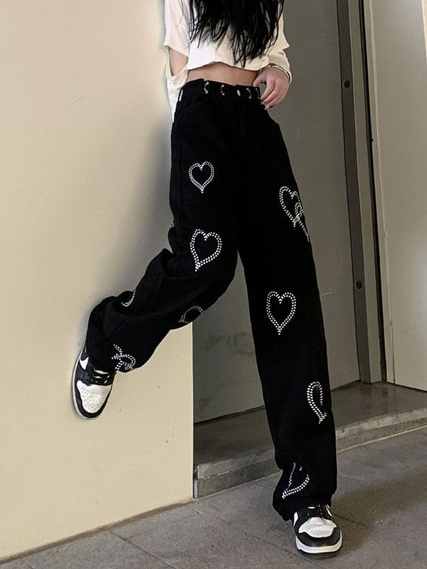Ženske hlače s otisnutim ljubavnim trapericama, modne Harajuku široke ravne hlače s visokim strukom, 2023., ležerne ženske hip-hop hlače za proljeće