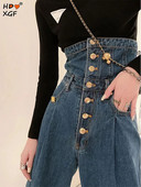 Μόδα Γυναικεία Μονή Σειρά Κουμπιά Ψηλόμεση Φαρδύ πόδι Jean Άνοιξη Φθινόπωρο Plus μέγεθος ίσιο παντελόνι Streetwear Y2k Φαρδύ παντελόνι