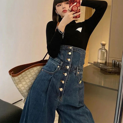 Μόδα Γυναικεία Μονή Σειρά Κουμπιά Ψηλόμεση Φαρδύ πόδι Jean Άνοιξη Φθινόπωρο Plus μέγεθος ίσιο παντελόνι Streetwear Y2k Φαρδύ παντελόνι